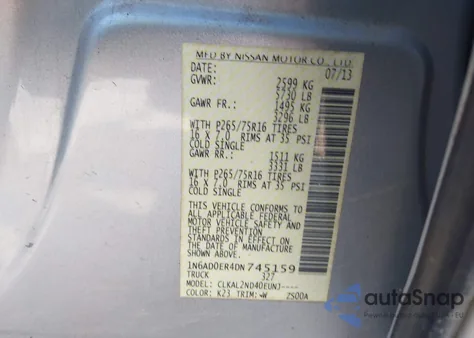 2013 Nissan Frontier Desert Runner z USA, uszkodzony, nr VIN 1N6AD0ER4DN745159